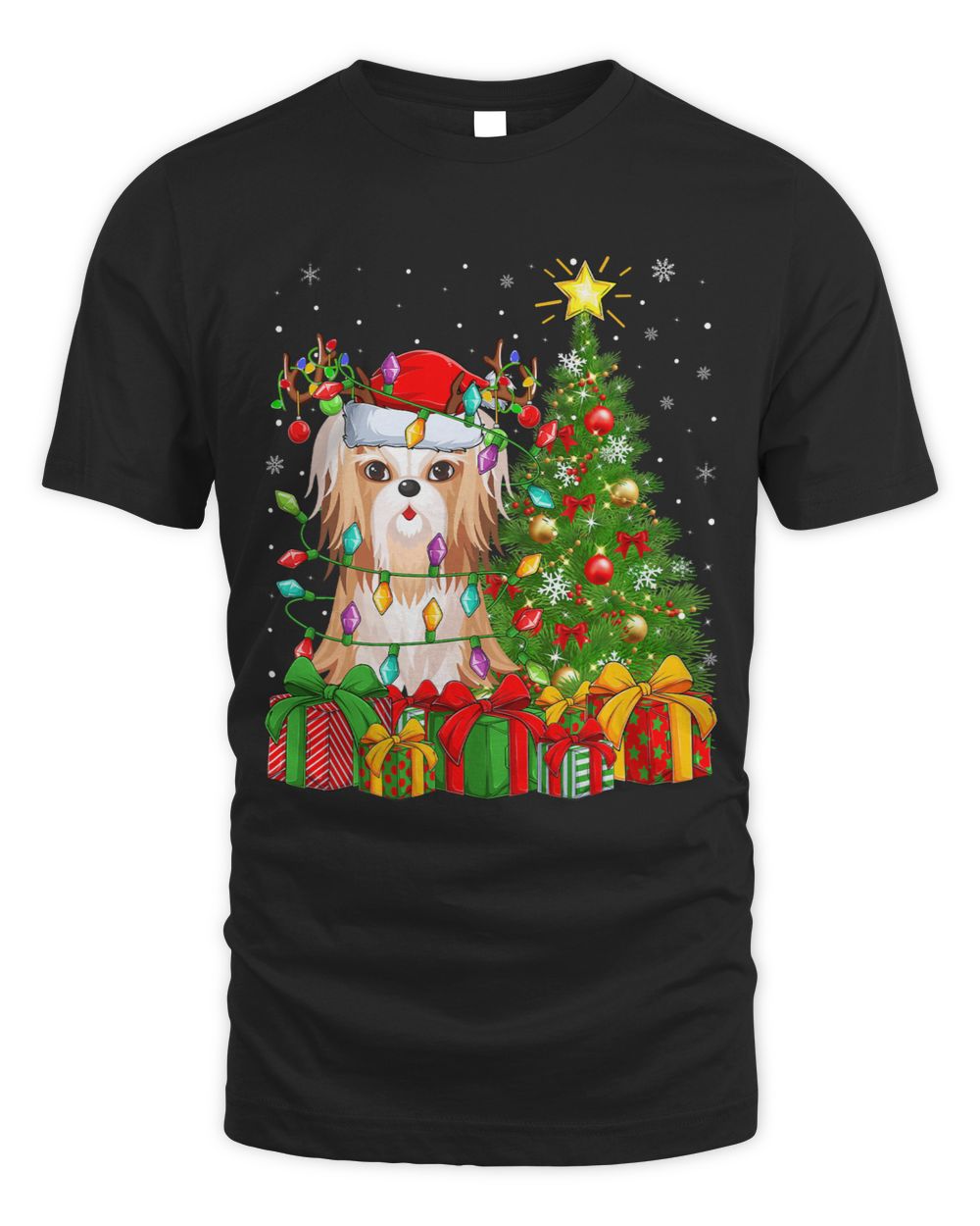 Xmas Holiday Lights Santa Shih Tzu Dog Christmas Tree Unisex Standard T-Shirt black s