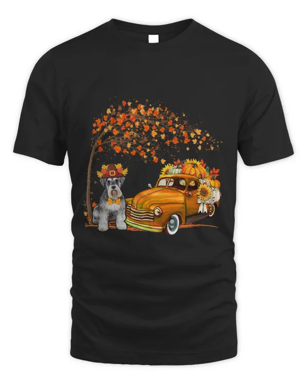 Schnauzer Wearing Hat Fall Tree Pickup Truck Pumpkins