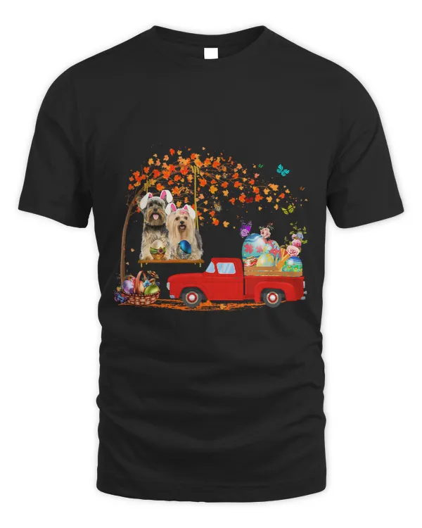 Yorkshire Terrier Wearing Bunny Ear Red Truck With Eggs