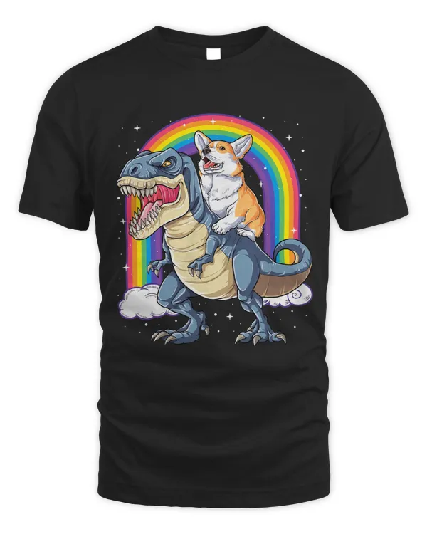 Funny Corgi Ride Dinosaur T Rex Cute Welsh Dog Pet Rainbow