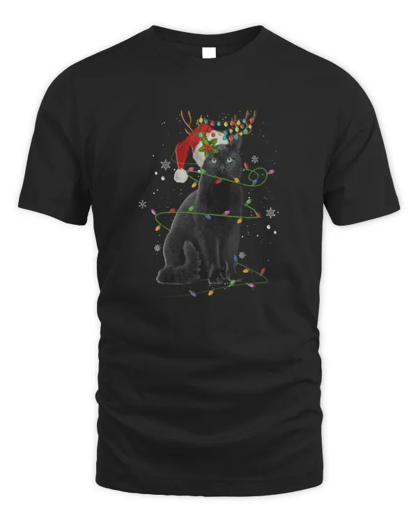 Black Cat In Christmas Lights Funny Xmas Reindeer Cat Mom