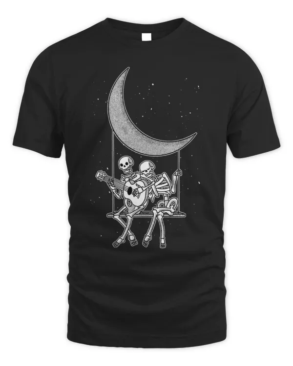 Funny Guitar Vintage Skeleton Couple Moon Swing Playing Guitar Rock On