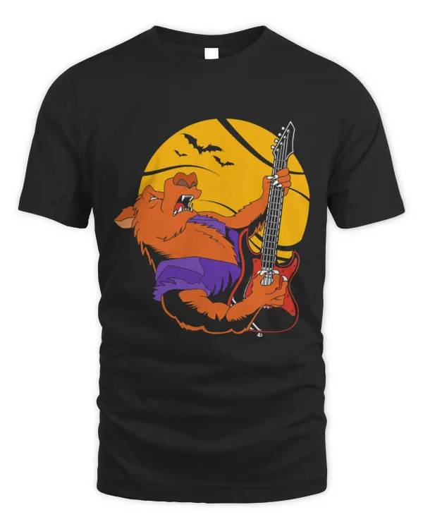 Funny Guitar Wolf Lover Playing Guitar Werewolf Full Moon Halloween