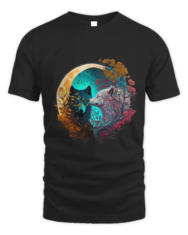 Coyote Mammal Yin Yang Trees Flowers Moon