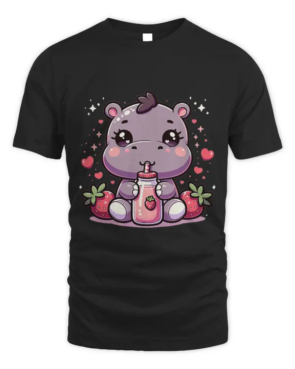 Hippo Pet Cute Japanese Kawaii Style Hippo Drinking Strawberry Milk