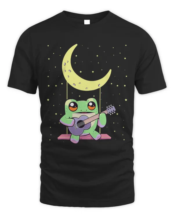 Frog Pet Kawaii Anime Frog on Swing Playing Guitar With Crescent Moon