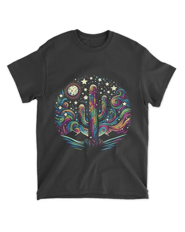 Psychedelic Starry Night Cactus Tee - Cosmic Deser