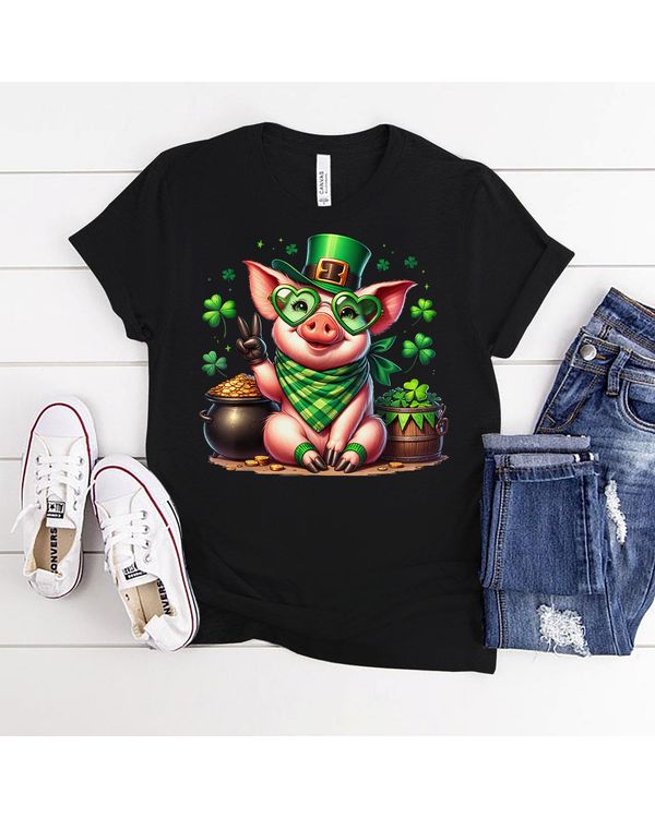 Peace Sign Hand Pig Kids Mens Womens St Patricks Day Pig T-Shirt