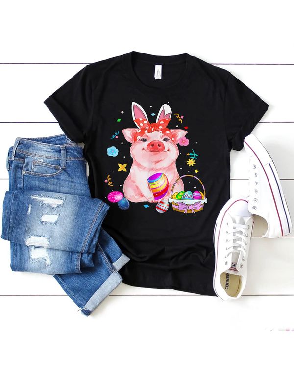 Easter Bunny Spring Pig bow Egg Hunting Basket colorful Gift T-Shirt