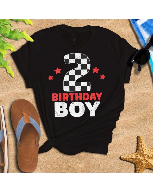 Kids Birthday Boy 2 Two Racing Flag 2nd Birthday Race Car T-Shirt