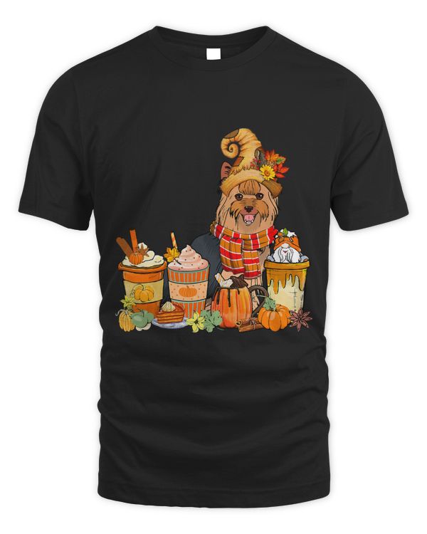 Yorkshire Terrier Wearing Hat With Coffee Cups Fall Pumpkins