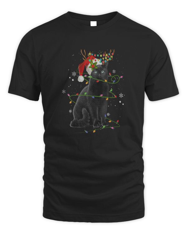 Black Cat In Christmas Lights Funny Xmas Reindeer Cat Mom