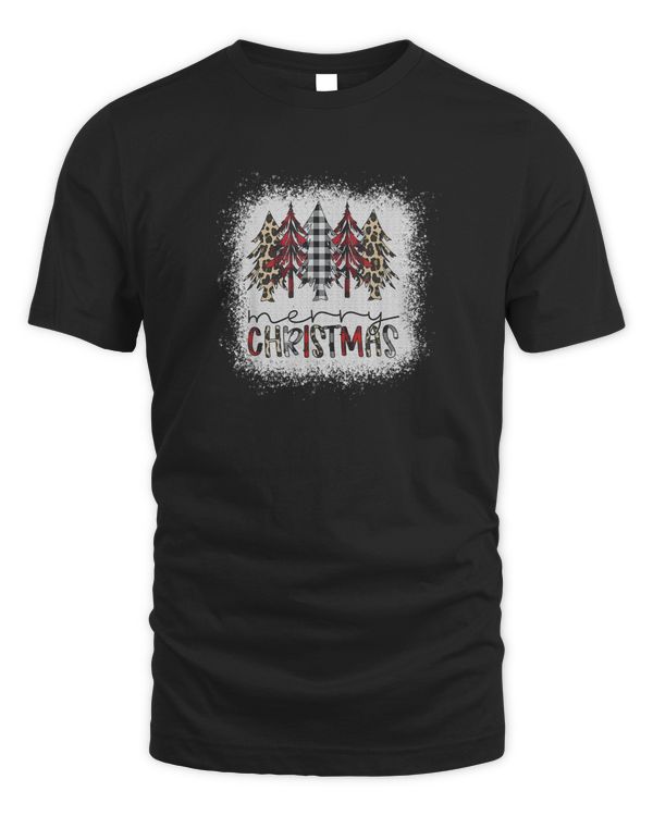 Bleached Leopard Buffalo Plaid Xmas Tree T-Shirt