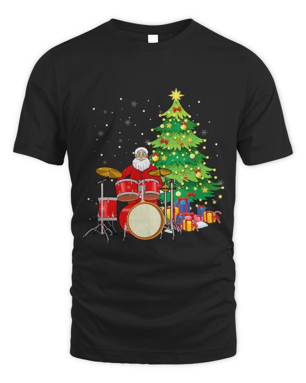 Funny Drummer Santa Claus Play Drums Nearby Christmas Tree Funny