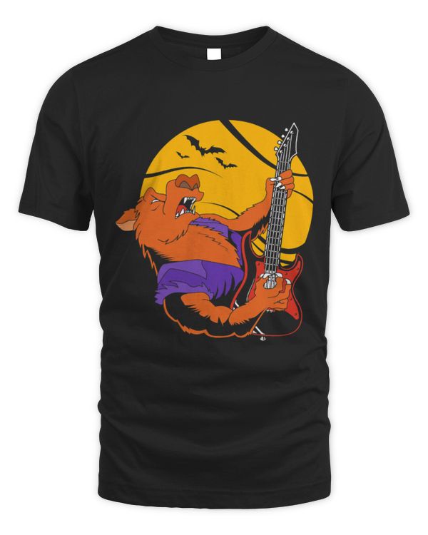 Funny Guitar Wolf Lover Playing Guitar Werewolf Full Moon Halloween