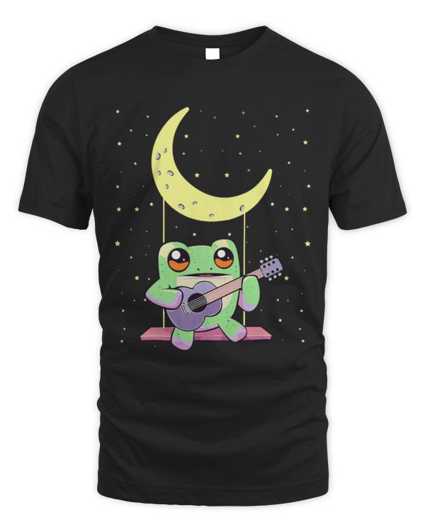 Frog Pet Kawaii Anime Frog on Swing Playing Guitar With Crescent Moon