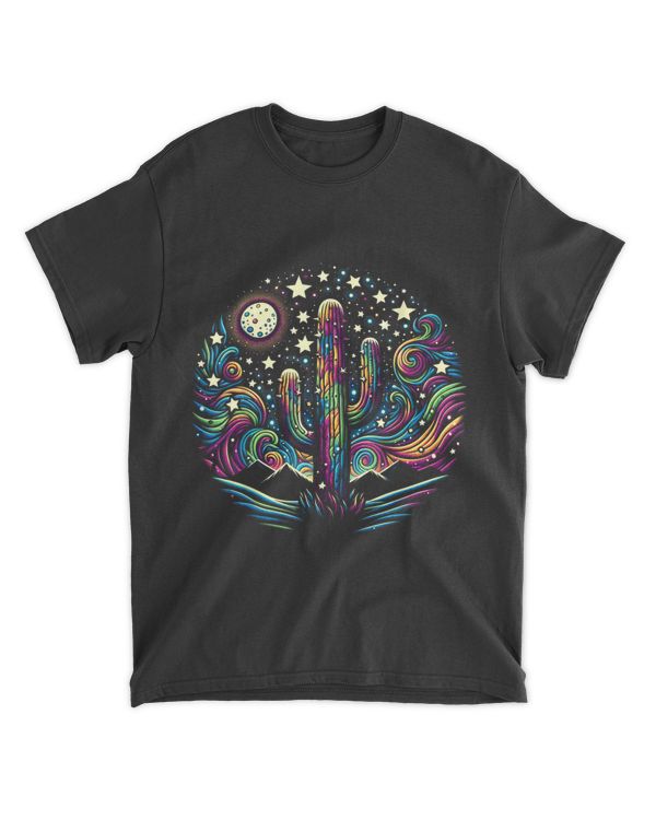 Psychedelic Starry Night Cactus Tee - Cosmic Deser