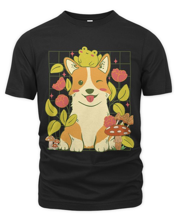 Cottagecore Corgi with Frog Floral and Mushrooms